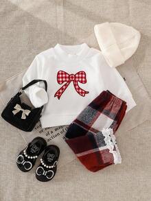 SHEIN Baby Bow Decor Top & Plaid Pants Set Fall Winter - Multicolor - View 3