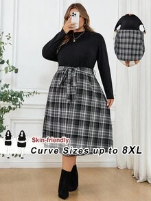 SHEIN CURVE+ Plus Size Women's Elegant Patchwork Plaid Hem Long Sleeve Dress, Suitable For Office Wear, Winter,Fall Clothes For Women/Autumn /Winter