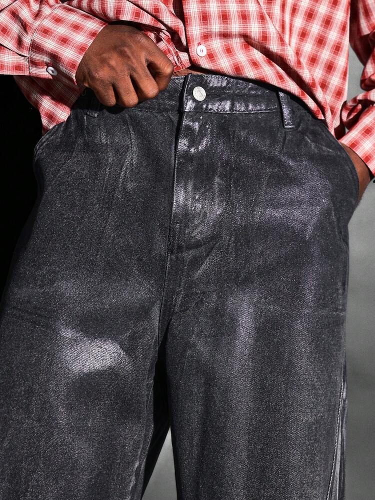 Coated Wide Leg Baggy Denim With Metallic Finish