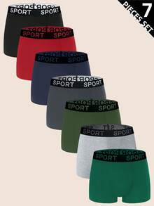 Manfinity Underwear&Sleepwear Basics 7pcs/Pack Plus Size Men's Solid Color Letter "SPORT" Elastic Waistband Boxer Briefs (Soft & Comfortable)