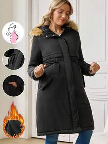 SHEIN Maternity Casual Drawstring Waist Hooded Jacket, Versatile For Winter Winter Clothes Chic - Black - View 1