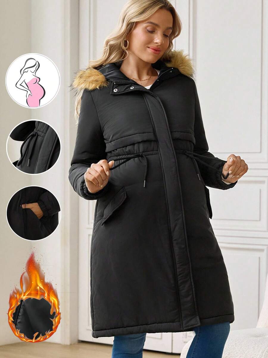 SHEIN Maternity Casual Drawstring Waist Hooded Jacket, Versatile For Winter Winter Clothes Chic - Black - View 1