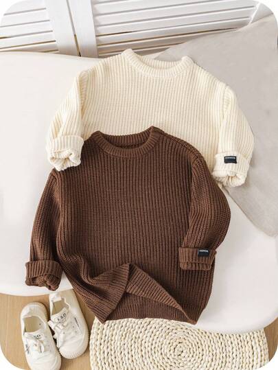 SHEIN 2pcs/Set Back To School Young Boys' Brown & Khaki Textured Loose Pullover Sweaters, Versatile For Casual Wear, Home, School,In Fall/Winter