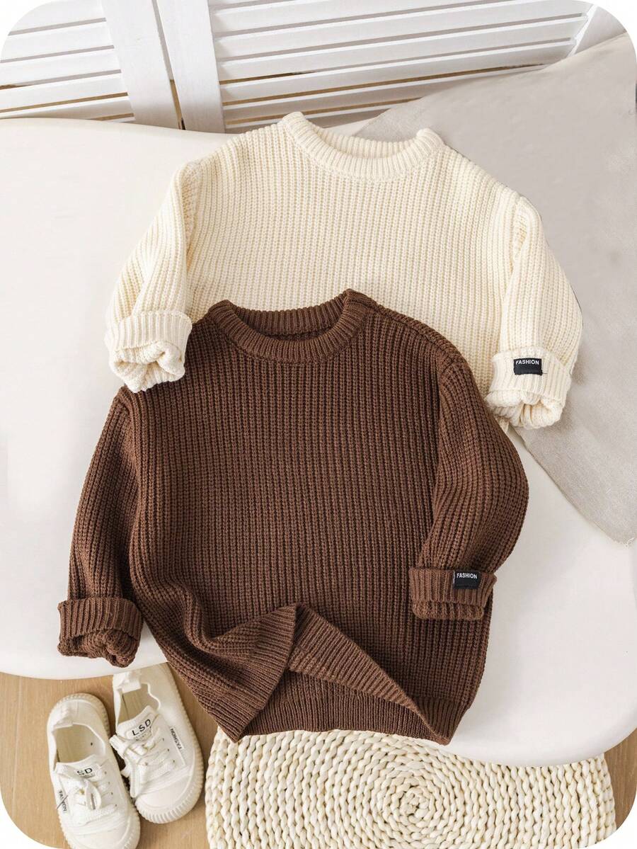 SHEIN 青少年男孩圆领长袖针织休闲套头毛衣