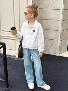 SHEIN 少女纯白色落肩拉链半开襟短款卫衣，适合秋冬季节，休闲日常穿着，赛车风格卫衣，白色拉链立领卫衣，时尚拼接卫衣 - 白色 - 查看 12