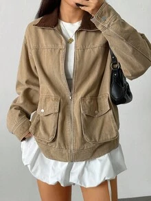 Jeanoix 女式休闲牛仔夹克，撞色领子和落肩，长袖，秋季 - 卡其色 - 查看 3