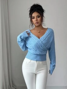 SHEIN Elenzya Áo len quấn cổ chữ V màu trơn thanh lịch dành cho nữ, Thu/Đông - Màu xanh lam - Xem 3