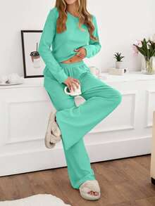 SHEIN Cottnline Women 2pcs Rib Knit With Round Neck Long Sleeve Top&Pants Homewear Comfort Lounge Set - Mint Green - View 3
