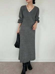 FRIFUL 女士 V 领不对称肩部宽松优质针织毛衣和针织裙 2 件套 - 灰色 - 查看 2