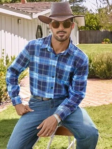 Manfinity Nomadique Men's Casual Plaid Single-Breasted Long Sleeve Shirt Western Shirt Men Blue Plaid Shirt Rodeo Shirt, Fall