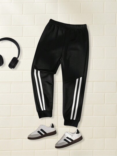 SHEIN Young Boy Black Stripe Sports Casual Streetwear Jogger Pants For Summer And Autumn,Holiday,Summer,Travel