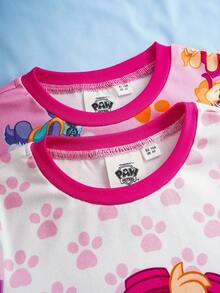 SHEIN | PAW Patrol 4 件套小女孩卡通可爱小狗爪子和彩虹条纹全身印花拼色舒适家居服睡衣套装，春秋 - 粉色 - 查看 8