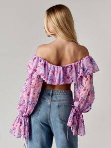 MISSGUIDED 露肩紧身胸衣短款上衣荷叶边长袖系带前开襟花卉印花露肩衬衫夏季节日假期波西米亚风农民风格 - 紫羅蘭色 - 查看 2