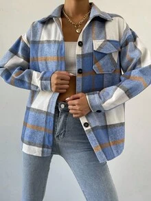 Chiquease 格紋翻蓋口袋落肩袖外套 - 彩色 - 查看 5