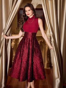 Vintamour 复古经典优雅派对女式连衣裙，修身混合材质拼布针织梭织连衣裙，高领无袖提花连衣裙，酒红色 - 酒紅色 - 查看 5