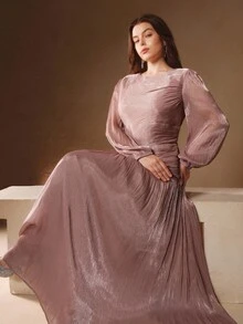 Anewsta 大码女式橄榄绿亮面长连衣裙，圆领腰部褶皱设计，泡泡袖，优雅百搭，适合秋季、冬季、外出、正式场合、派对、时尚、新年、圣诞节、工作、毕业典礼、婚礼、休闲等各种场合。