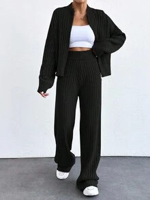 EURMUSE Drop Shoulder Zip Up Cardigan & Knit Pants - Black - View 6