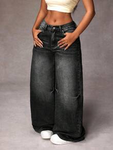 SHEIN Tall 女式休闲水洗低腰阔腿牛仔裤 - 黑色 - 查看 5