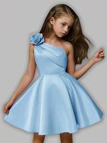 Girlism Tween Girl Elegant Luxurious Shoulder 3D Floral One Shoulder Ruffle Ball Gown Short Prom Dress - Baby Blue - View 1