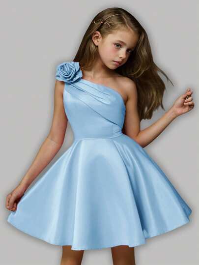 Girlism Tween Girl Elegant Luxurious Shoulder 3D Floral One Shoulder Ruffle Ball Gown Short Prom Dress