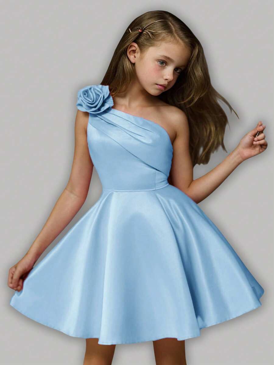 Girlism Tween Girl Elegant Luxurious Shoulder 3D Floral One Shoulder Ruffle Ball Gown Short Prom Dress - Baby Blue - View 1