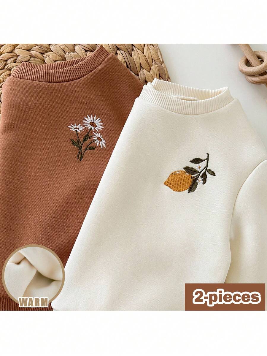 Loomiva 2件套女婴花卉印花柔软针织圆领长袖套头衫套装 - 棕色 - 查看 1