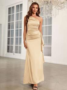 SHEIN Belle Adult Bridesmaid Dress With Pleated Details, Ruffle Overlay, One Shoulder Strap - Khaki - View 6