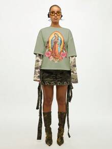 SUMWON WOMEN Layered Long Sleeve Double Layer Guadalupe Virgin Mary T Shirt Rose Print Tee Fall Winter Casual Print Cottagecore Top Streetwear Goth - Multicolor - View 5