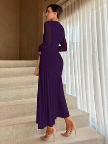 Aloruh Women's Elegant Party Solid Color Ruched Dress - Bold Plum - View 2