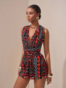 Zivah 2025 Spring And Summer New Music Festival Bohemian Vacation Sexy Party Party Sleeveless Cross Halter Tie Waist Section Backless Wide-Leg Shorts Diamond Pattern Plaid All-Over Pattern Style Printed Women's Jumpsuit - Red - View 5