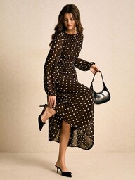 Poéselle Women's Polka Dot Print Round Neck Lantern Sleeve Ruched Long Dress, Brown Dress,Legant Dresses For Women,New Year Dress Women ,Casual Outfit For Women,Old Money Style, Suitable For Daily Wear, Going Out, Commuting,Fall/Winter