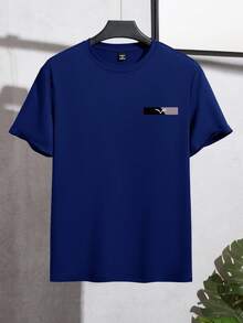 Manfinity Homme 男士简约海鸥标志修身休闲短袖T恤，简约百搭男士短袖上衣 - 藍色 - 查看 3