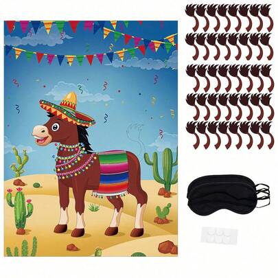 墨西哥驴皮纳塔游戏套装，含40条尾巴，大型派对海报，适合生日嘉年华，驴尾巴贴法派对游戏