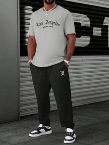 Manfinity Homme Men's Plus Size Letter Printed Short Sleeve T-Shirt And Sweatpants Set - Black - View 1