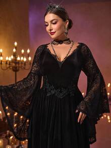 Glamrae Große Größen Herbst und Winter elegantes romantisches luxuriöses Off-Shoulder Spitzen-Splicing koreanisches Samt-Spitzen-Applikations-Design asymmetrisches Rüschen-Trompeten-Langarm-Slim-V-Taille-Abschnitt Oversized A-Linie Plus-Schwanz geeignet für Abendessen, Junggesellinnenabschied, Date, Tanz, Urlaub, Hochzeit, Abendveranstaltung (schweres Modell) Gothic-Stil