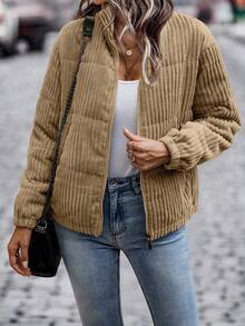 EMERY ROSE Slant Pocket Corduroy Padded Padded Coat Clothes Winter - Khaki - View 4