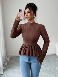 Elenzga Chemise à manches longues pour femmes, col Mao plissé, taille cintrée, ourlet évasé, lien dans le dos, en tissu plissé, couleur marron café, convient pour les sorties, les rendez-vous, les mariages et les fêtes