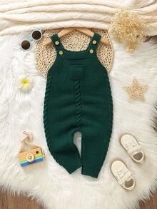 SHEIN Unisex Baby Casual Minimalist Light Green Knitted Jumpsuit With Suspenders Baby Knit Jumpsuit Green Baby Boy Jump Suit Baby Sweater Romper Dark Green Outfit For 1 Year Old Boy Green Baby Girl Outfit Green Baby Boy Jumpsuit - Dark Green - View 3