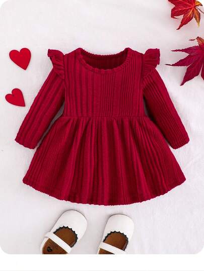 SHEIN 新生女宝宝休闲简约可爱针织弹力纯色长袖连衣裙