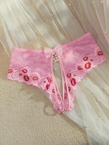 SpicyHot 女士半透明面料开叉内裤，带精致蕾丝设计，开裆内裤，蕾丝内裤，粉色蕾丝内裤，外出 - 彩色 - 查看 2