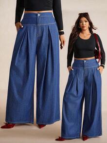 Elaquor Plus Size High Waist Wide Leg Jeans, Fashionable For Commuting/Winter Wide Leg Jeans Woman Denim For Women Cowboy Pants For Women - Medium Wash - View 1