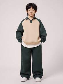 2 件儿童/青少年男童休闲日常百搭舒适 Polo 领半拉链撞色袖套头衫和宽松针织裤套装 - 彩色 - 查看 4