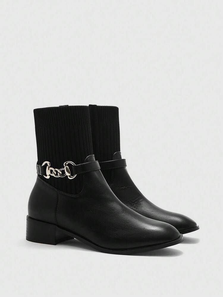 CUCCOO BIZCHIC Women's Pointed Toe Metal Chain Decor Fashion Chunky Heel Ankle Boots For Christmas