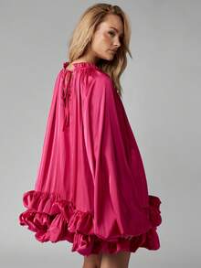 MISSGUIDED Volume Mini Dress Ruffle Hem High Neck Satin Elegant Party Occasion Statement Balloon Sleeve Gathered Holiday Fall Winter - Hot Pink - View 2