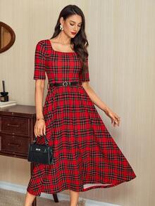 Vintamour Đầm nữ cổ điển thanh lịch, đầm kẻ caro ôm dáng với cổ vuông, tay lửng, thắt lưng, túi, đầm dài mùa hè/thu đông cho nữ, đầm nữ mùa thu đông, đầm Giáng sinh, đầm năm mới, quần áo năm mới cho nữ, đầm kẻ caro, đầm đỏ, đầm kẻ caro nữ, đầm kẻ caro đỏ có thắt lưng, đầm midi kẻ caro, đầm Giáng sinh. - Đỏ - Xem 3