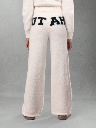 SUMWON Luxurious Cozy Flare Leg Pants Wide Leg Jogger Pants With Drawstring Waist Brushed Knit Winter Fall Pants Numbers Script Logo