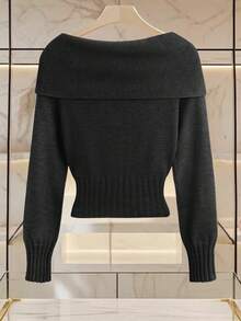Franclia Women's Minimalist Fashion Collar Bowknot Open Shoulder Long Sleeve Solid Color Knit Pullover Sweater - Black - View 2