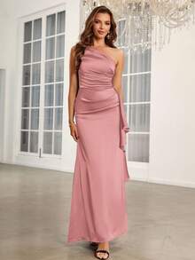 SHEIN Belle Adult Elegant Bridesmaid Dress With Ruffle Detail, Asymmetric Neckline, Sleeveless - Dusty Pink - View 6