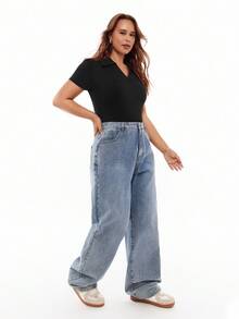 Solavibe Plus Size Solid Color Turn-Down Collar Short Sleeve Bodysuit, Summer - Black - View 3