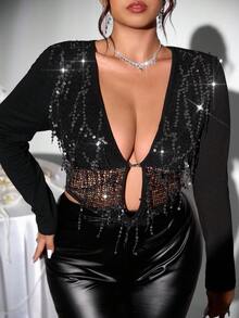 Firerie 大码女式亮片设计深V领长袖性感时尚T恤 - 黑色 - 查看 4